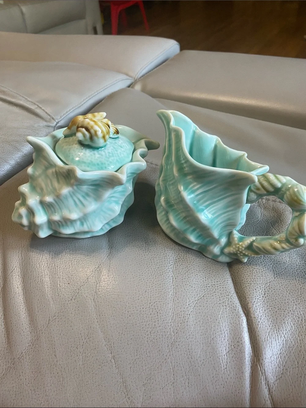 Seafoam Green Ceramic Shell Creamer and Sugar Set